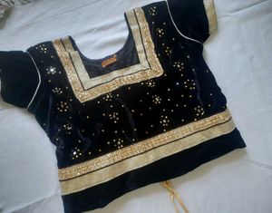 Elegant Black Velvet Blouse &amp; Beige Net Lehenga