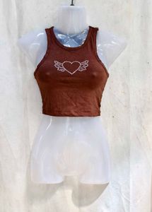 20279. Brown Crop Top with Rhinestone Wings Heart