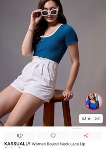 round neck teal blue lase embllised cotton top