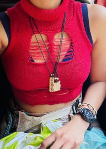 Red Distressed Knit Crop Top