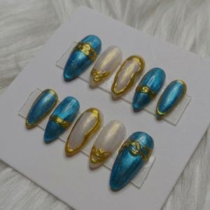 Sparkling Blue &amp; Gold Press-On Nails