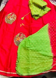 Embroidered Green Red blouse skirt set