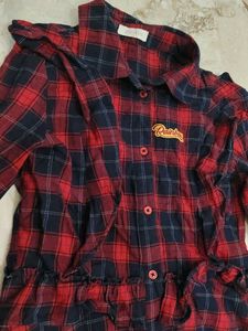 Red Plaid Button-Up Shirt with "Rainbow" Detail