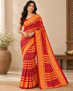 Vibrant Red & Orange Bandhani Saree