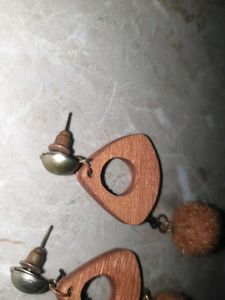 Wooden Teardrop Earrings with Pom Poms