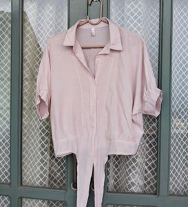 Light Pink Tie-Front Collared Shirt