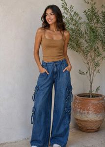 Trendy Beige Ribbed Cami Top + Blue Wide Leg Cargo