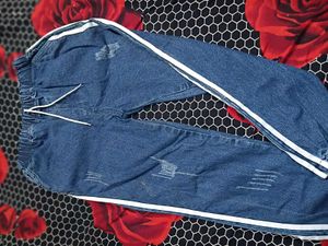 Blue Denim Jogger Pants with Side Stripe