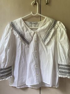 White Blouse with Embroidered Collar & Cuffs