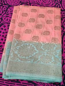 Peach &amp; Teal Woven Sari