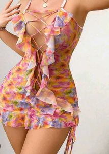 Floral Lace-Up Ruffle Mini Dress