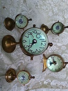 Vintage Brass Ship's Chronometer &amp; Compass Set