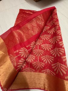 Vibrant Red Saree with Golden Border