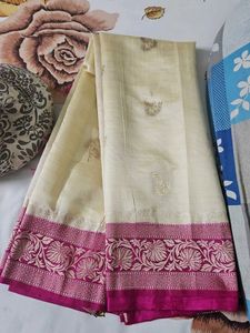 Elegant Cream with Pink Border banarasi Sare