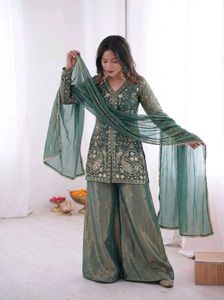 Elegant Green Embroidered Kurta Sharara Set
