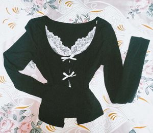 y2k Cute Black Lace Trimmed Long Sleeve Top