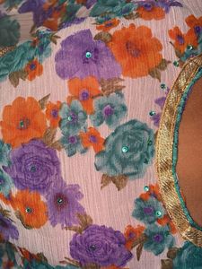 Floral Print Ethnic Gown with golden Belt
