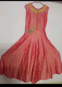Peach Silk Heavy Embroidery Work Gown