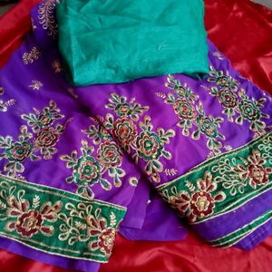 Embroidered Purple Saree with Green Blouse
