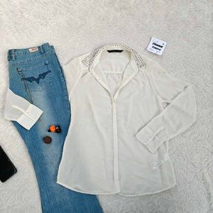 Y2k Pinteresty Cream Embellished Collar Blouse