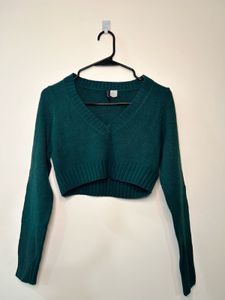 Green Cropped V-Neck Sweater