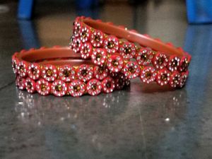Red & Gold Bangle Set with Rhinestones