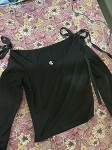 Black Off-Shoulder Ruched Top with Tie Details