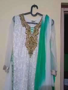 Elegant White & Green Embroidered Salwar Kameez