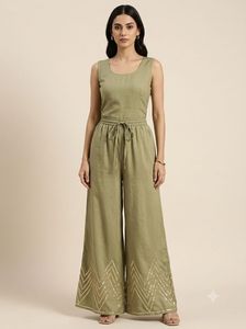 Festive Olive Green Wide-Leg Trousers with Gold Ch