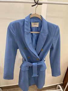 POWDER BLUE DOUBLE BREASTED LONG BELTED BLAZER