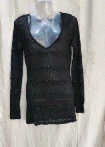 I Black Sequin Knit V-Neck Top