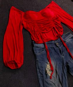 Red Ruched Off-Shoulder Top