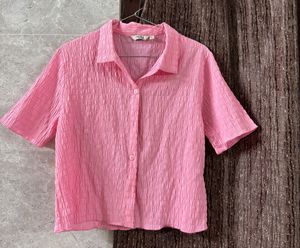 Crinkle Texture Short Sleeve Button-Up Top