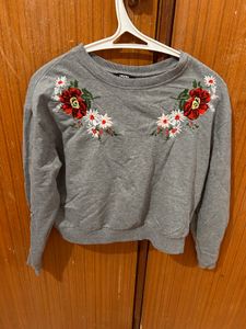 NUON Grey Embroidered Floral Sweatshirt