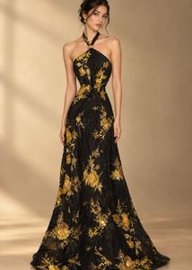 Elegant Black Floral Halter beaded Gown