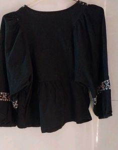 Black Embroidered V-Neck Top