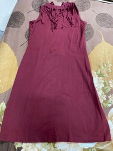 Maroon Fringed Sleeveless Dress