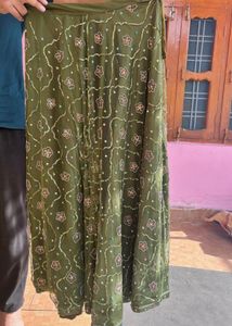 Embellished Olive Green Ethnic Skirt with Dupatta