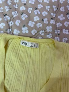 Yellow Ribbed Button-Up Crop Top