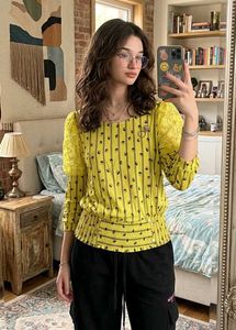 Yellow Striped Lace Sleeve Top