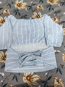 Light Blue Striped Off-Shoulder Top