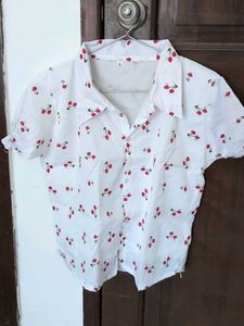 UNUSED White Cherry Print Button-Up Top