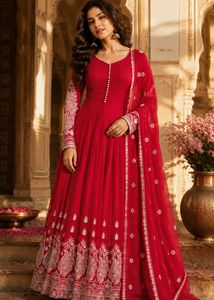 Red Anarkali Suit with White Embroidery
