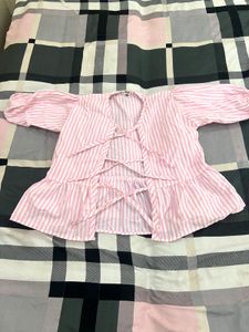 Pink Striped Puff Sleeve Peplum Top✨💃
