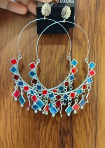 Bohemian Hoop Earrings with Red Embellishments