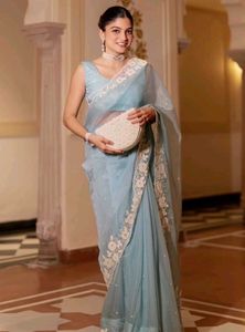 Elegant Sky Blue Saree with Floral Lace