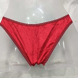 Red Satin 🪔Bikini Style Briefs with Lace Trim