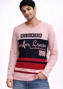 Men's Pink V-Neck Long Sleeve Graphic T-Shirt