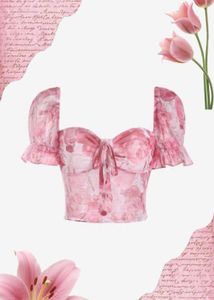 cute Chic Pink Floral Puff Sleeve Crop Top