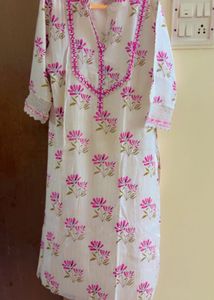 White Kurta with Pink Floral Print and Dupatta